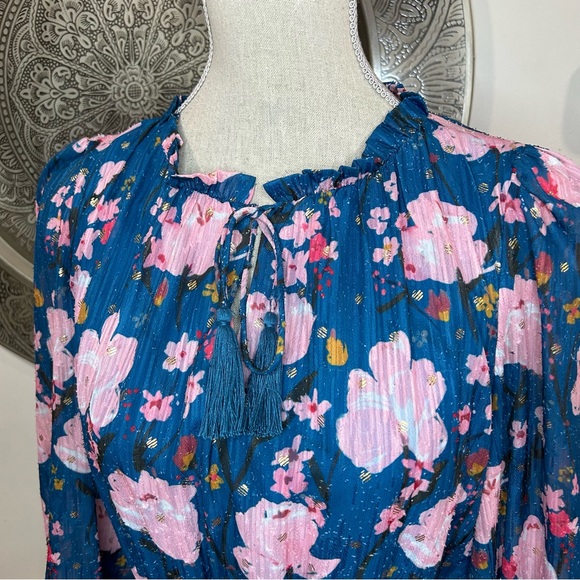 Jade - Melody Tam Blue Midi Dress with Pink Flowers - Gold Accents Size M - Picture 4 of 10